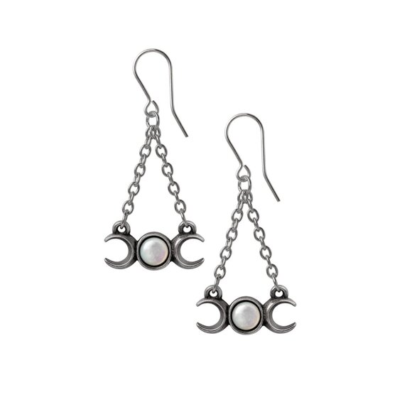 LAST CHANCE! Alchemy Gothic Wiccan Crescent Full Moon Chain Earrings Pewter E474 - Picture 2 of 2